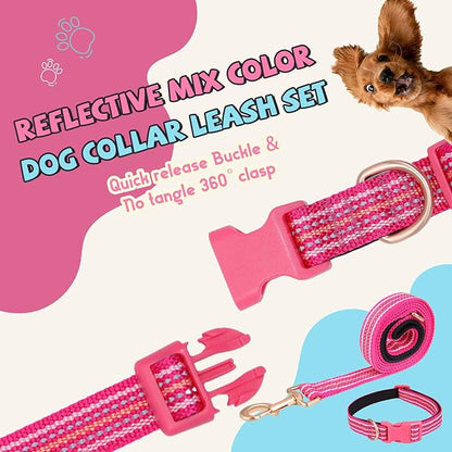 Reflective Dog Collar and Leash Set, Nylon Dog Leash with Heavy-Duty Steel D-Ring, Adjustable with Quick Release Buckle for Medium Dogs, Hot Pink M