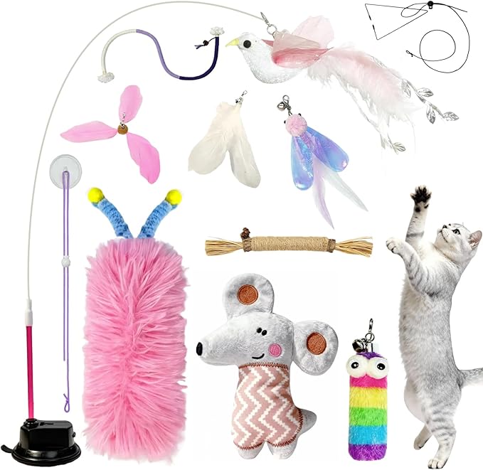 CUUOOT 7-in-1 Kitten Toys for Indoor Cats with Washable Adhesive Suction Cup, Hanging Interactive Cat Toys, Silvervine Stick and Sisal Chew Rope Catnip Teething Toy for Bored Kitten (Pink)