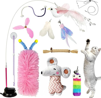 CUUOOT 7-in-1 Kitten Toys for Indoor Cats with Washable Adhesive Suction Cup, Hanging Interactive Cat Toys, Silvervine Stick and Sisal Chew Rope Catnip Teething Toy for Bored Kitten (Pink)