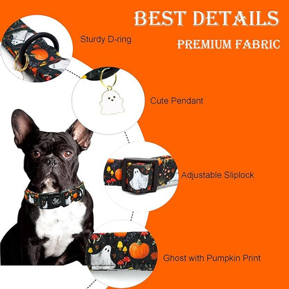 Elegant little tail Halloween Dog Collar, Pumpkin with Ghost Print Black Halloween Pet Collars Cotton Soft Sturdy Puppy Collars Holiday Female Adjustable Collar for Large Dogs