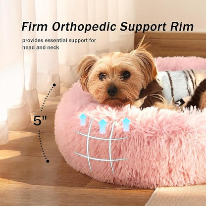 NOYAL Calming Donut Dog Bed for Small to Medium Dogs & Cats - Plush Faux Fur Anti-Anxiety Pet Bed with Machine Washable Cover & Non-Slip Base