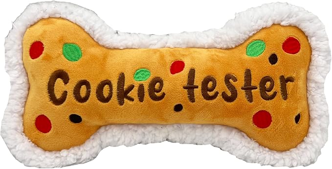 Huxley & Kent Funny Dog Toy w/Squeaker – Holiday Power Plush Squeaky Dog Toys for Small, Medium & Large Dogs – Soft Stuffed Animal for Indoor Play & Fetch - Cookie Tester Bone, Small