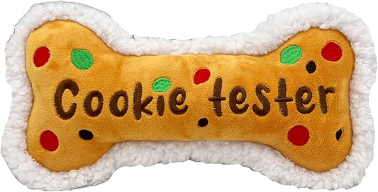 Huxley & Kent Funny Dog Toy w/Squeaker – Holiday Power Plush Squeaky Dog Toys for Small, Medium & Large Dogs – Soft Stuffed Animal for Indoor Play & Fetch - Cookie Tester Bone, Small