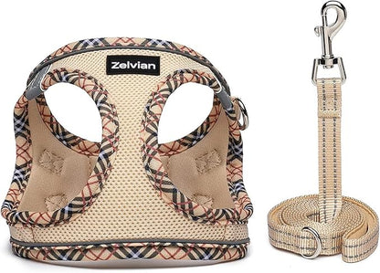 Zelvian Cat Harness and Leash Set for Walking, Escape Proof Adjustable Soft Mesh Kitten Harness with Reflective Strips, Breathable No-Choke Pet Vest for Medium Cats or Small Dogs(Beige,M)