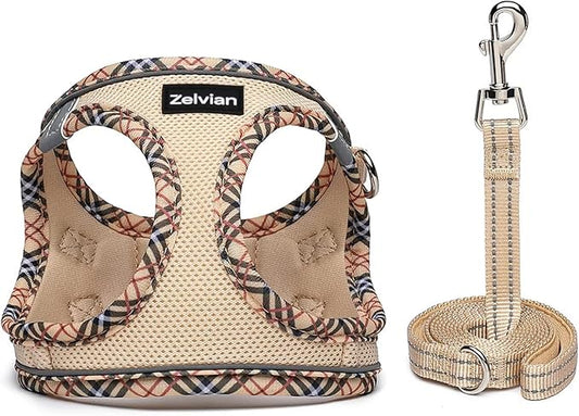 Zelvian Cat Harness and Leash Set for Walking, Escape Proof Adjustable Soft Mesh Kitten Harness with Reflective Strips, Breathable No-Choke Pet Vest for Medium Cats or Small Dogs(Beige,M)