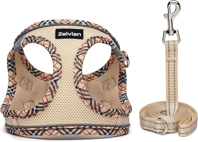 Zelvian Cat Harness and Leash Set for Walking, Escape Proof Adjustable Soft Mesh Kitten Harness with Reflective Strips, Breathable No-Choke Pet Vest for Small Cats or Puppies(Beige,S)