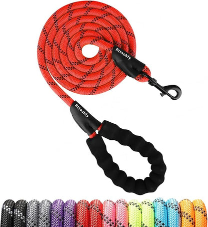 Rttochfy Rope Dog Leash 2/4/5/6/8/10 FT with Comfortable Padded Handle and Highly Reflective Threads for Small Medium and Large Dogs Heavy Duty (1/2"-5 FT, Red)