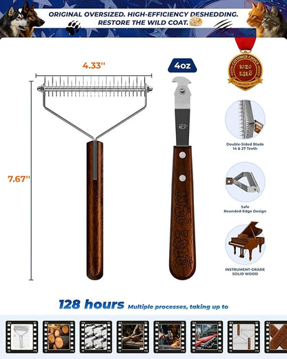 Extra Large 2-Sided Undercoat Rake for Dogs & Cats, Dog Brush for Shedding Remove Mats, Dematting Comb, Safe&Gentle Grooming Brush for German Shepherds Medium to Long-Haired Pets,Premium Wooden Handle