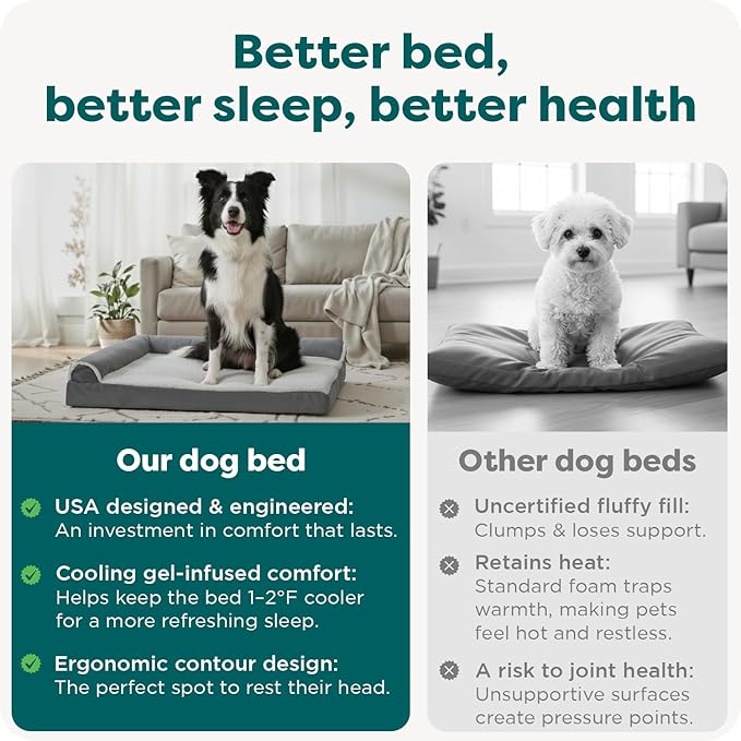 FurHaven Cooling Gel Dog Bed for Medium & Large Dogs, L-Shaped Chaise with Cool Gel-Top Foam with a Solid Orthopedic Foam Base for Joint Support, Washable Cover, Large, Plush & Suede, Stone Gray