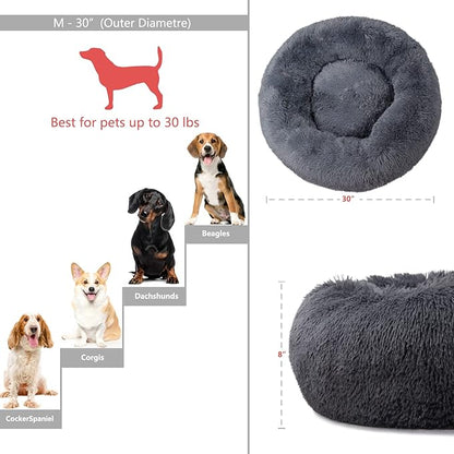 Calming Donut Dogs Beds for Medium Dogs up to 45 lb,30inch Anti-Slip Plush Round Dog Bed with Raised Rim,Fluffy Faux Fur Pet Bed for Cozy Sleep,Dark Grey