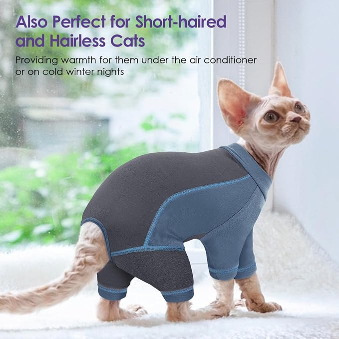 SUNFURA Hair Sticky Cat Clothes, Cat Sweater for Cats Only, 4-Legged Fleece Sweaters Kitten Pajamas Reduce Shedding Fur, Warm Pullover Shirts for Cats, Blue L