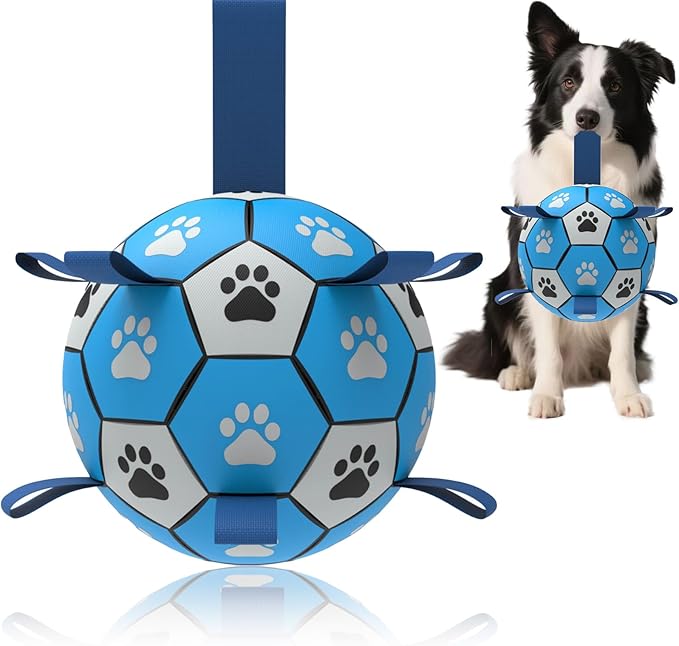 Domchan Dog Soccer Ball, Interactive Toys for Tug of War, Puppy Birthday Gifts, Tug Toy, Water Toy, Durable Balls for Small & Medium Size(8 inch-Blue)