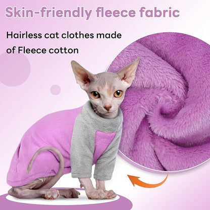 T'CHAQUE Sphynx Cat Clothes, Soft Fleece Winter Sweaters for Hairless Cats, Warm Pajama Jumpsuit with Sleeves and Hoodie, Cozy Pullover Outfit for Kittens