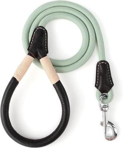 Mile High Life Genuine Leather Wrapped Handle Dog Leash, w Heavy Duty Clasp Rope Leash for Small Medium Large Dogs (Green, 4FT)
