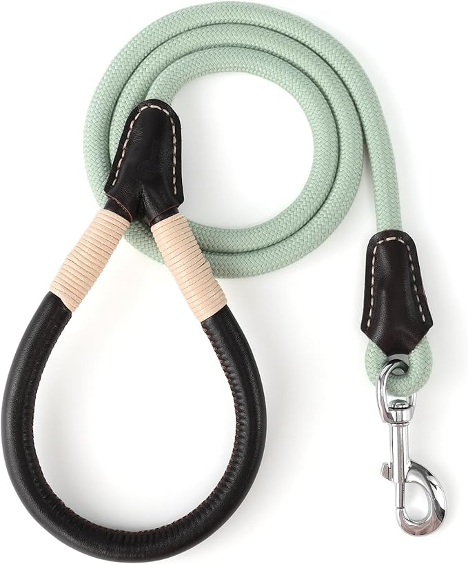 Mile High Life Genuine Leather Wrapped Handle Dog Leash, w Heavy Duty Clasp Rope Leash for Small Medium Large Dogs (Green, 6FT)