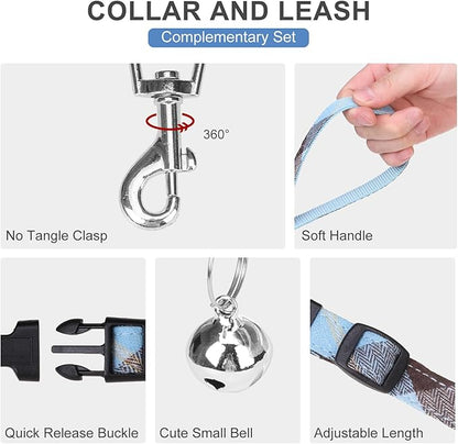 EXPAWLORER Classic Plaid Puppy Harness - Small Dog Collar and Leash with AirTag Holder Case - Soft Mesh Padded Adjustable Dog Vest Harness No Pull, Reflective Escape Proof for Outdoor, Blue XS