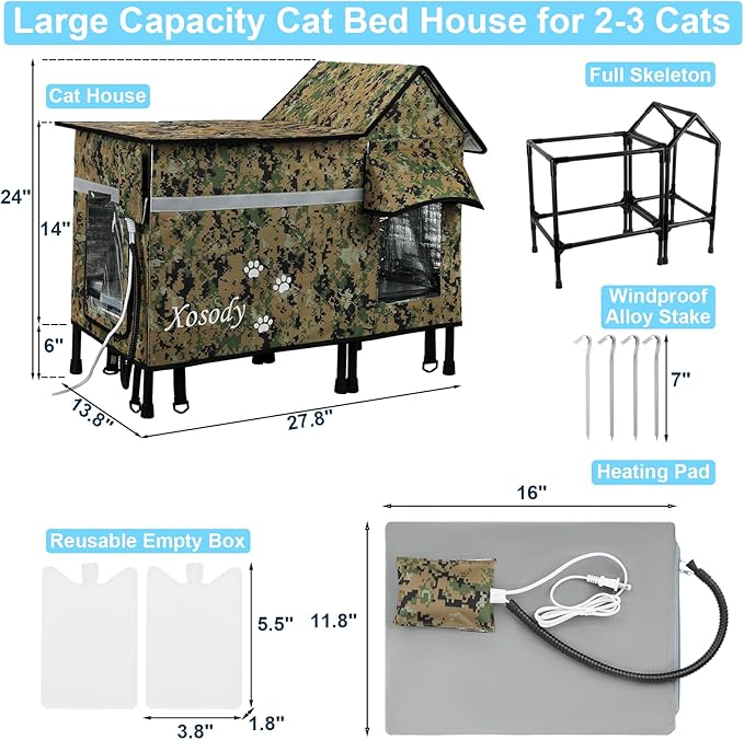 Xosody Heated Cat House for Outside Cats- 100% Weatherproof Insulated Outdoor Cat House with Heating Pad, Elevated Base & Safe Escape Door, Warm Kitty Shelter for Feral or Stray Cats in Winter