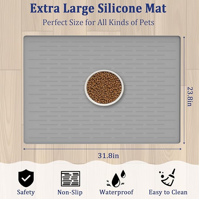 31.8"x23.8" Extra Large Pet Food Mat, Silicone Dog Mats for Food and Water, XL Nonslip Pet Feeding Mats for Floors,Dog Cat Bowl Mat with Raised Edges, Dark Gray