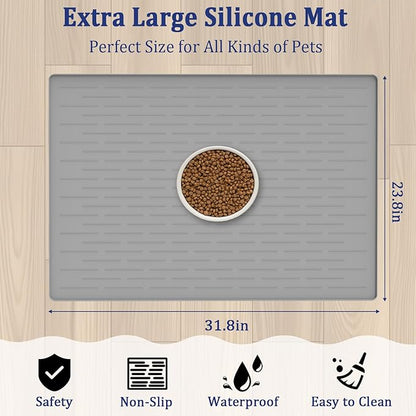 31.8"x23.8" Extra Large Pet Food Mat, Silicone Dog Mats for Food and Water, XL Nonslip Pet Feeding Mats for Floors,Dog Cat Bowl Mat with Raised Edges, Dark Gray