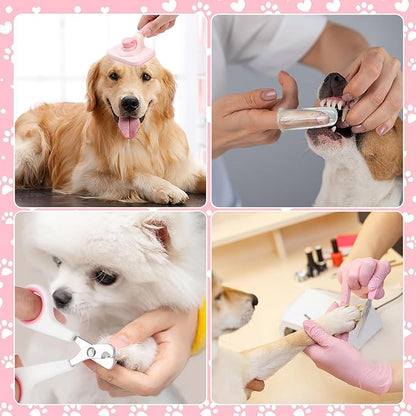 VCZONE 8 Pcs Dog Grooming Kit with Self Cleaning Tools: Nail Clipper, Flea Comb, Shampoo Brush, Shedding Brush, Dematting Comb, Silicone Toothbrush (Pink)