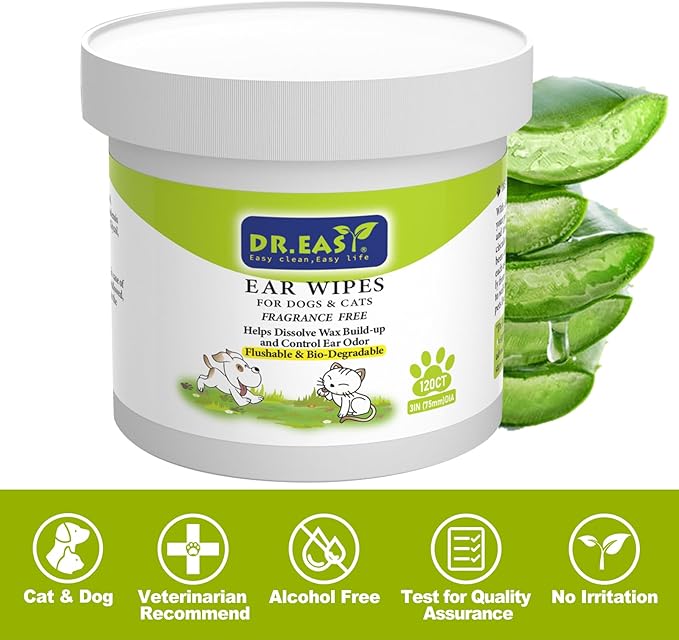 Dr.Easy Pet Ear Grooming Wipes 120ct for Dogs & Cats,Fragrance Free,Helps Dissolve Wax Build-Up and Control Ear Odor,flushable & Compostable,Stop Ear Itching,Natural Cleansing.