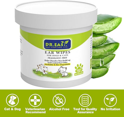 Dr.Easy Pet Ear Grooming Wipes 120ct for Dogs & Cats,Fragrance Free,Helps Dissolve Wax Build-Up and Control Ear Odor,flushable & Compostable,Stop Ear Itching,Natural Cleansing.