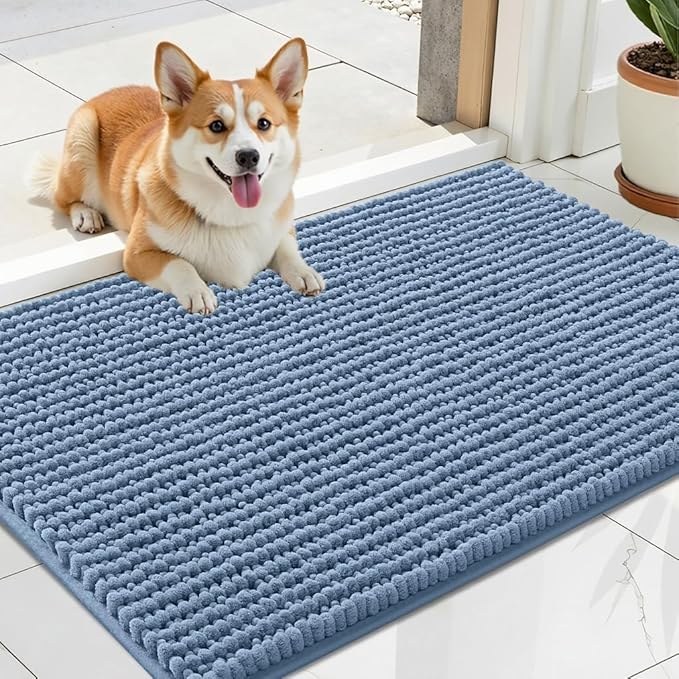 OLANLY Dog Door Mat for Muddy Paws 24x16, Ultra Absorbent Chenille Mud Doormat, Non-Slip Washable and Dirt Trapping Doormat for Indoor Entryway, Quick-Dry Indoor Pet Bed Mats for Dogs, Airy Blue