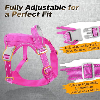 BARKBAY Service Dog Vest Tactical Dog Harness Medium Large Sized Dog Tags Personalized No Pull Adjustable Harness Reflective K9 Working Training Easy Control Military Molle System(Pink,XL)