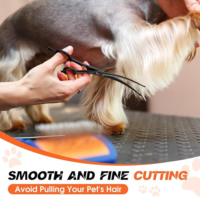 JASON 7.5" Dog Grooming Shear - Professional Up-curved Scissor with Round Tips Japanese Stainless Steel Hair Scissor for Dogs, Cats and Other Pets (Curved with Round Tips, Black) Christmas Gift