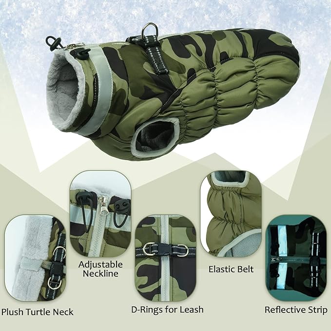 Lelepet Dog Coat Warm Dog Winter Coat Waterproof Dogs Jacket with Harness Built in Reflective Pet Fleece Vest Zip-Up Cold Weather Coats for Medium Dogs Turtleneck & Windproof Dachshund Green Camo M