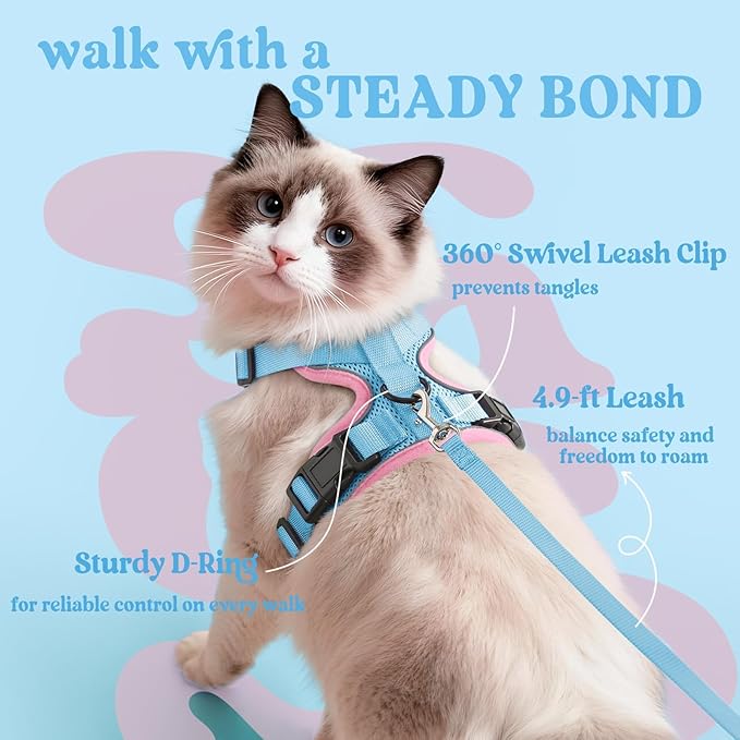 rabbitgoo Cat Harness and Leash for Walking, Escape Proof Soft Adjustable Vest Harnesses for Cats, Easy Control Breathable Reflective Strips Jacket, Light Blue&Pink, S