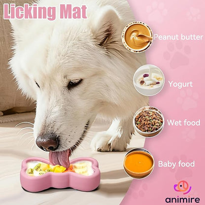 Lick Mat for Dogs, Animire Anti-Spilled Bow Tie Lick Bowls for Anxiety Relief, Silicone Slow Feeder Licking Pad with Suction Cups, Freezeable Dog Enrichment Toy for Boredom and Distraction(Pink,S)