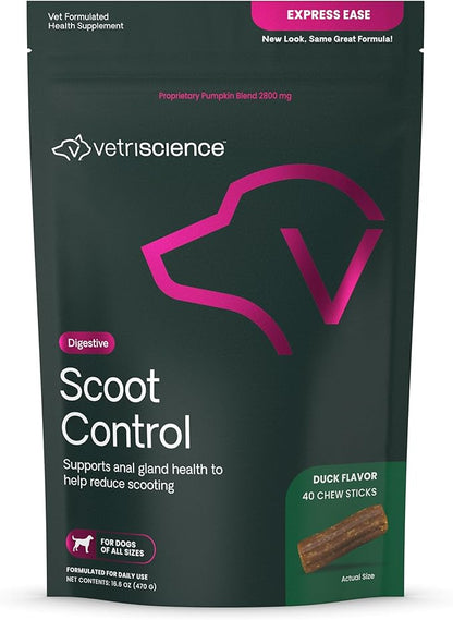 VetriScience Scoot Control Chews, Express Ease Fiber Supplement for Dogs, Pumpkin and Tree Larch Extract, Anal Gland Support, Firm Up Stools, Manage Diarrhea, Delicious Fiber Chews, Duck, 40 Count