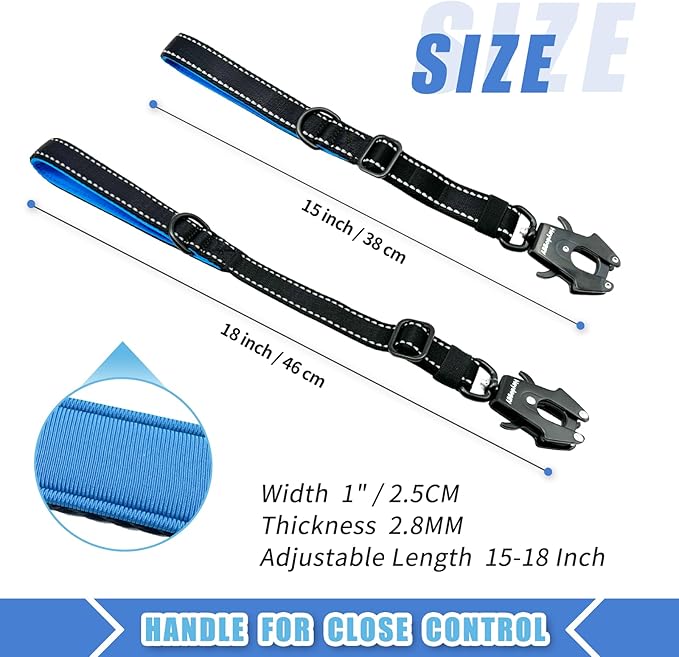 Strong Heavy Duty Dog Leash - Adjustable 15"-18" Reflective Nylon Training Leash with Padded Handle & Frog Clip, Traffic Control for Large Medium Dogs No Pull Walking Black Blue