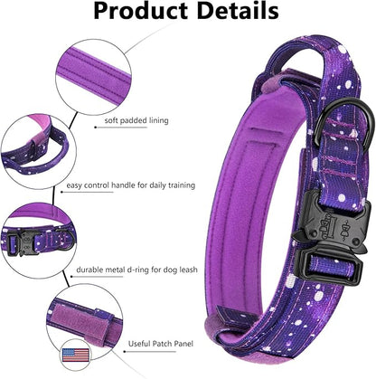 DAGANXI Tactical Dog Collar, Adjustable Military Training Nylon Dog Collar with Control Handle and Heavy Metal Buckle for Medium and Large Dogs, with Patches and Airtags Case (XXL, Purple Sky-Set)