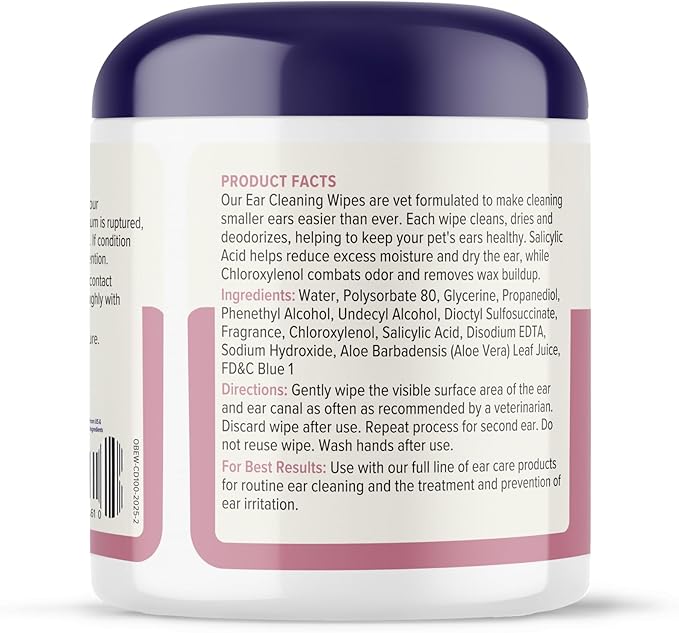 VETNIQUE Oticbliss Advanced Cleaning Ear Wipes for Dogs & Cats for Odor Control, Dirt and Wax Removal with Soothing Aloe Vera, Drying Agent and Vitamin E, Clear the Ear 100ct Wipes