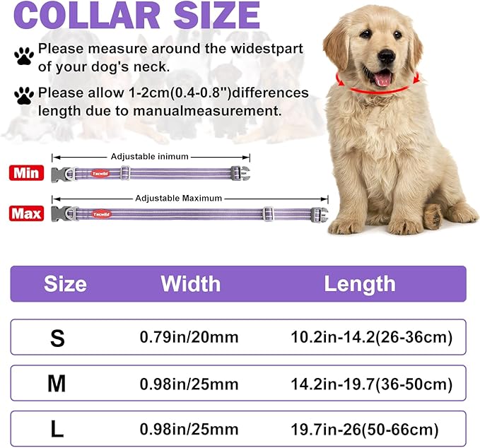 Tacwild Adjustable Reflective Dog Collar, Puppy Collar with D-Ring Buckle - Durable Safety Nylon Dog Collars for Medium Dogs (Purple-M)