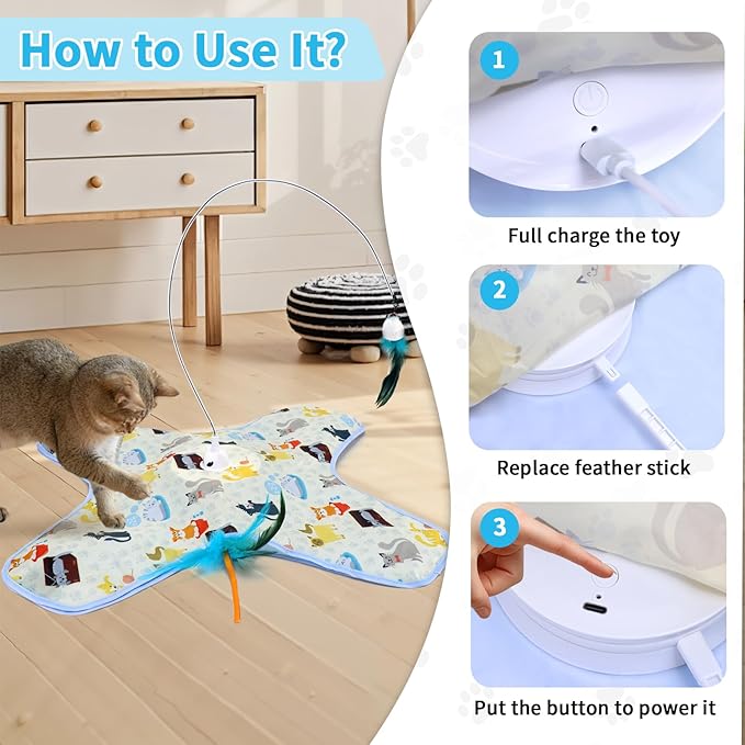 DFQ Interactive Cat Toy,3 in 1 Hide and Seek for Indoor Cats, Rechargeable Touch-Activated Moving Feather Wand with Concealed Motion, Play Toy for Kittens and Adult Cats (Yellow)