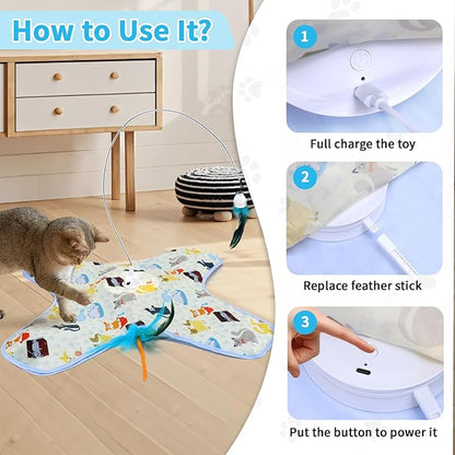 DFQ Interactive Cat Toy,3 in 1 Hide and Seek for Indoor Cats, Rechargeable Touch-Activated Moving Feather Wand with Concealed Motion, Play Toy for Kittens and Adult Cats (Yellow)