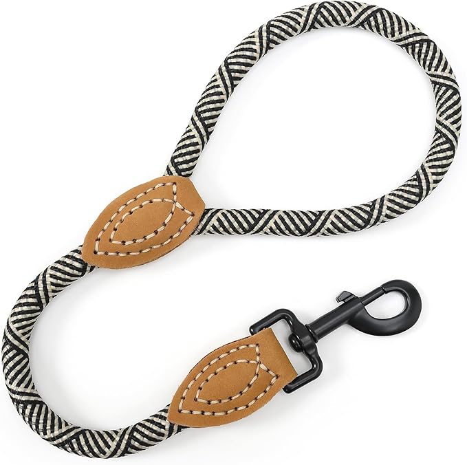 Mile High Life Short Leash for Large Dogs, Short Dog Rope Leash with Heavy Duty Metal Sturdy Clasp, Genuine Leather Tailored Connection(White, 18 Inch)