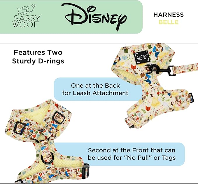 Sassy Woof Dog Adjustable Harness - Disney Princess Beauty and The Beast Belle - M, Breathable Mesh, No Pull Design with Two D-Rings, Perfect for Medium Dogs - Officially Licensed