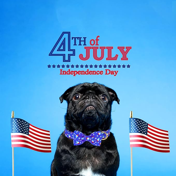 4th of July Dog Collar with Bow Tie, Summer Popsicle Flag Day Dog Bowtie Collars, Blue Adjustable Patriotic Pet Collar for Small Medium Large Dogs M