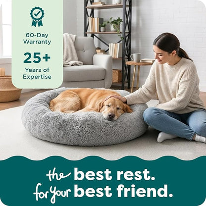 Furhaven 30" Round Calming Donut Dog Bed for Medium/Small Dogs, Refillable w/ Removable Washable Cover, Up to 45 lbs - Shaggy Plush Long Faux Fur Donut Bed -Mist Gray, Medium,30.0"L x 30.0"W x 10.0"Th