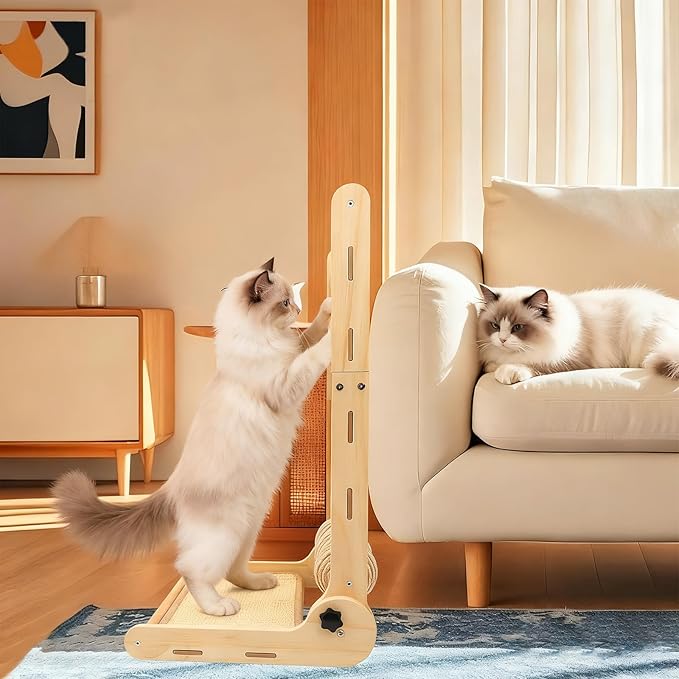 Goosheep L Shaped Cat Scratching Post, 23.2" Tall Sisal & Wooden Base Cat Scratcher Board for Indoor Cats, Sturdy Vertical Cats Scratching Pad Protects Furniture