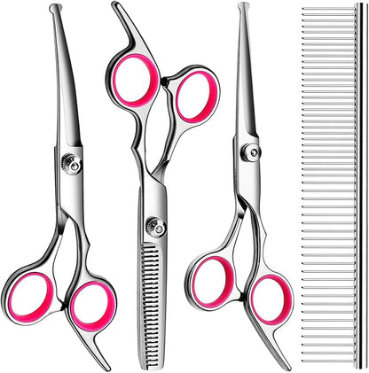 FAIGEO Professional Dog Grooming Scissors Kit, Titanium Coated Dog Scissors for Grooming, Grooming Shears Kit for Dogs Cat At Home (Pink 5 in 1)