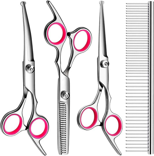FAIGEO Professional Dog Grooming Scissors Kit, Titanium Coated Dog Scissors for Grooming, Grooming Shears Kit for Dogs Cat At Home (Pink 5 in 1)