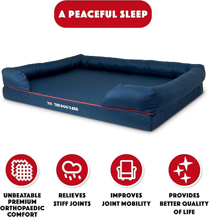 The Dog’s Bed Orthopedic Dog Bed XXL Blue Oxford with Red Trim UK Flag Dog Bed, Memory Foam, Pain Relief: Arthritis, Post Surgery, Lameness, Waterproof Washable Cover, Veterinary Approved