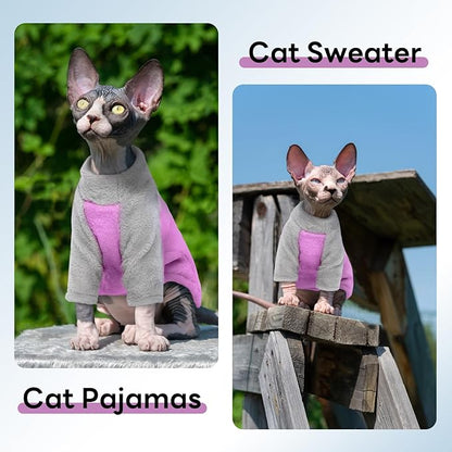 T'CHAQUE Sphynx Cat Clothes, Soft Fleece Winter Sweaters for Hairless Cats, Warm Pajama Jumpsuit with Sleeves and Hoodie, Cozy Pullover Outfit for Kittens