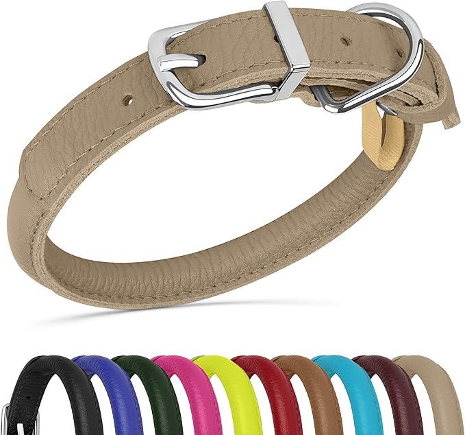 OOPSDOGGY Rolled Leather Dog Collar Soft Roll Collars for Small Medium Large Dogs Puppy (Beige, XL, 17"-21")