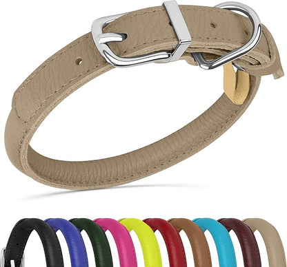 OOPSDOGGY Rolled Leather Dog Collar Soft Roll Collars for Small Medium Large Dogs Puppy (Beige, XS, 8"-11")